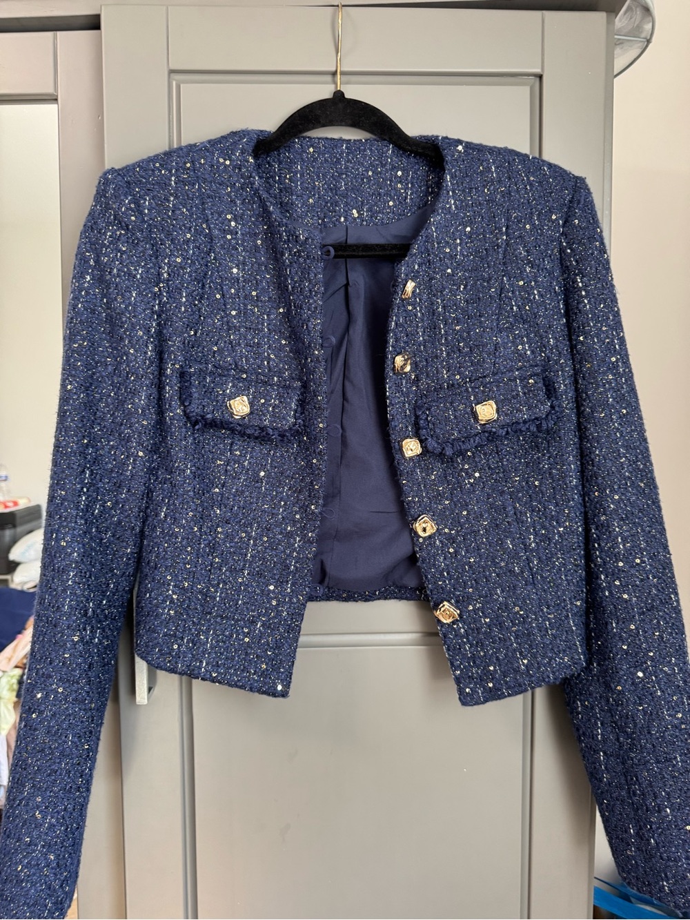 Commense Navy Tweed Cropped Blazer and skirt set with Gold Buttons